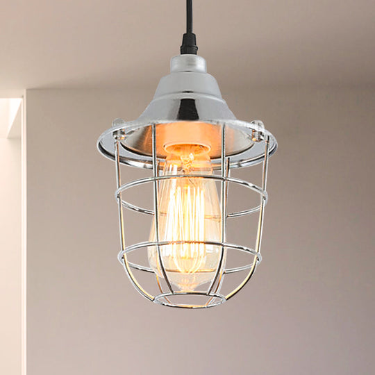 Vintage Industrial Wire Cage Bedside Hanging Light - Brass/Chrome Finish Mini Pendant Lamp