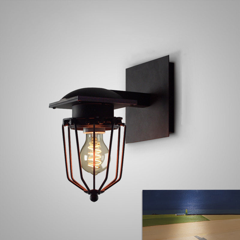 Metallic Industrial Retro Black Wall Mount Sconce Lighting - 1 Bulb With Cage Shade For Corridors