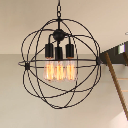 Industrial Wire Globe Pendant Light With Metal Shade And 3 Bulbs - Black