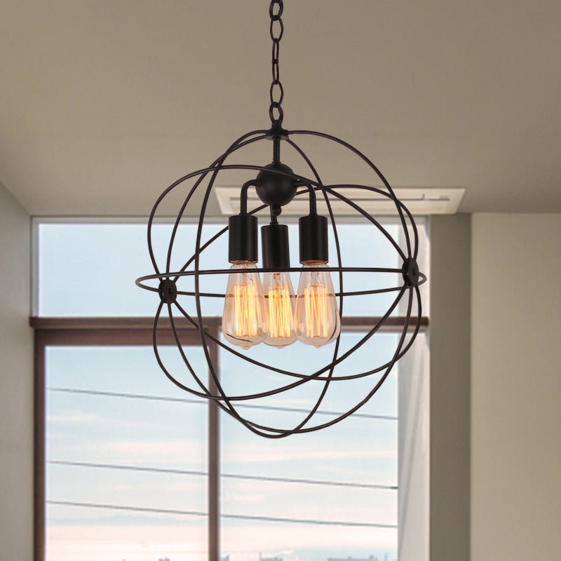 Industrial Wire Globe Pendant Light With Metal Shade And 3 Bulbs - Black