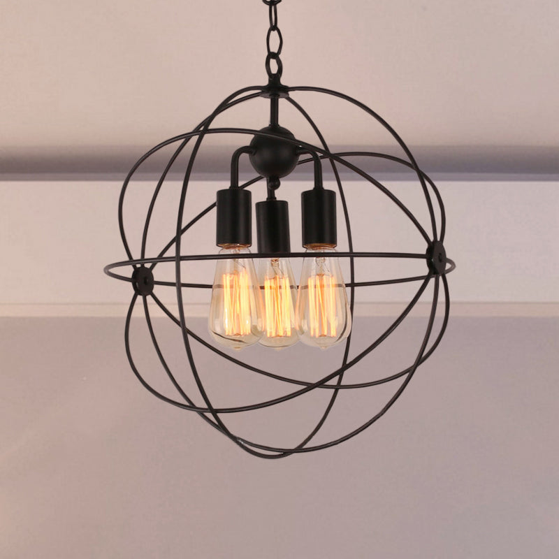 Industrial Style Metal Pendant Light with Wire Globe Shade - 3 Bulb Hanging Lamp for Restaurants, Black