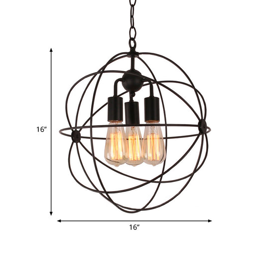 Industrial Style Metal Pendant Light with Wire Globe Shade - 3 Bulb Hanging Lamp for Restaurants, Black