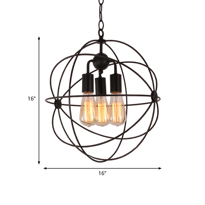 Industrial Wire Globe Pendant Light With Metal Shade And 3 Bulbs - Black