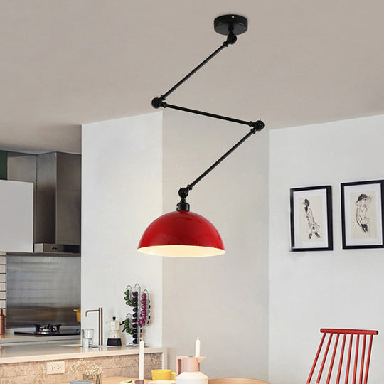 Industrial Style Metal Kitchen Pendant Lamp - Domed Green/Yellow 1-Light Suspension With Extendable