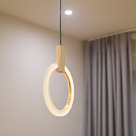 White Bedroom Suspension Pendant with Acrylic Shade and Ring Detail - 8"/12"/16" Dia