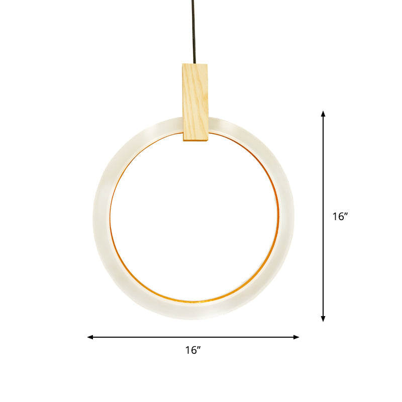 White Bedroom Suspension Pendant with Acrylic Shade and Ring Detail - 8"/12"/16" Dia