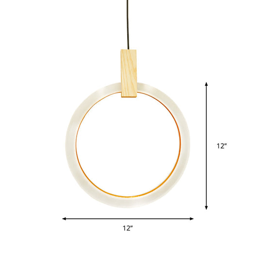 White Bedroom Suspension Pendant with Acrylic Shade and Ring Detail - 8"/12"/16" Dia