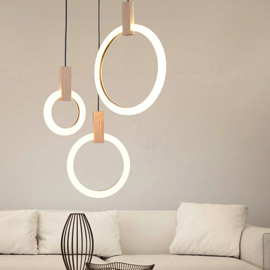 White Bedroom Suspension Pendant with Acrylic Shade and Ring Detail - 8"/12"/16" Dia