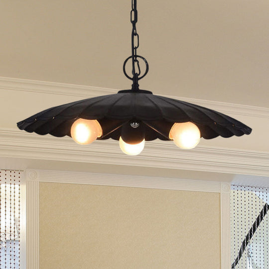 Rustic Industrial Scalloped Pendant Lighting - 3 Bulbs, Black Iron Chandelier for Living Room