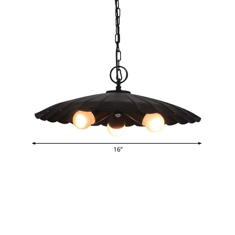 Rustic Industrial Scalloped Pendant Lighting - 3 Bulbs, Black Iron Chandelier for Living Room