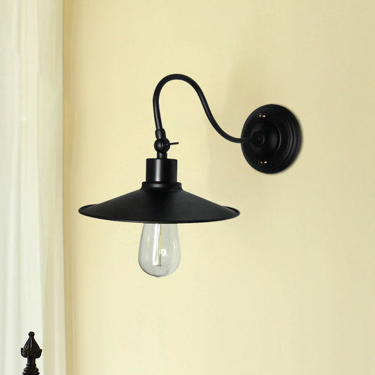 Industrial Black Wall Mount Light With Flared Metal Shade And Gooseneck Design