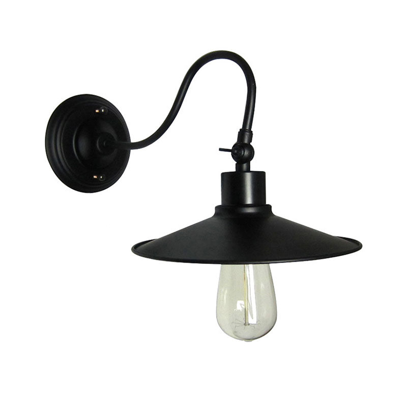 Industrial Black Wall Mount Light With Flared Metal Shade And Gooseneck Design