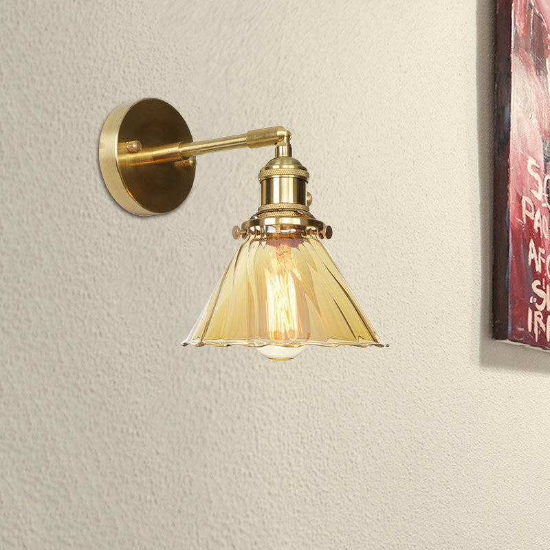 Adjustable Industrial Vintage Cone Wall Lamp With Amber Ruffle Glass - 1 Light Sconce