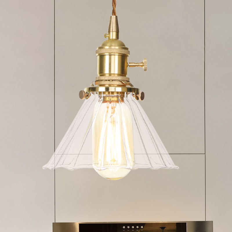 Retro Style Conical Pendant Light With Clear Ruffle Glass For Foyer / 1