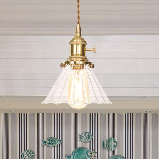 Retro Conical Pendant Light with Clear Ruffle Glass for Foyer - 1 Light