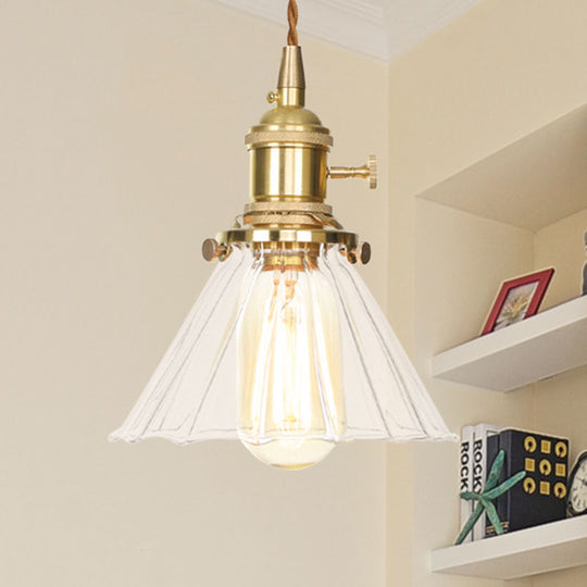 Retro Conical Pendant Light with Clear Ruffle Glass for Foyer - 1 Light