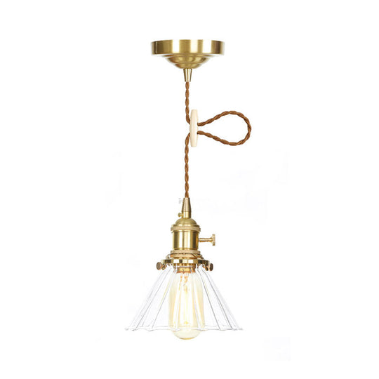 Retro Conical Pendant Light with Clear Ruffle Glass for Foyer - 1 Light