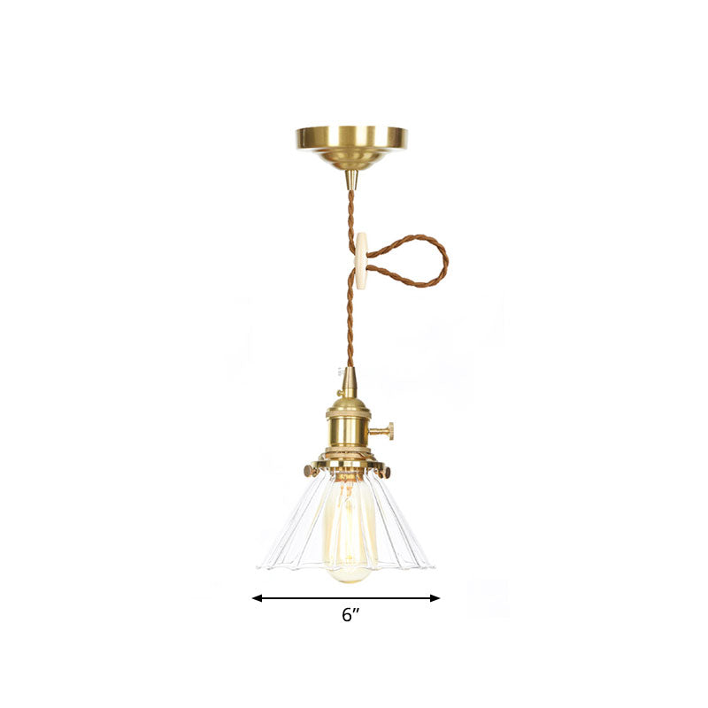 Retro Conical Pendant Light with Clear Ruffle Glass for Foyer - 1 Light