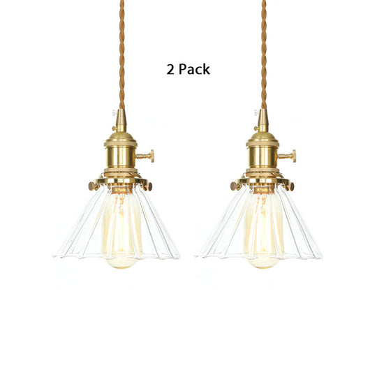 Retro Style Conical Pendant Light With Clear Ruffle Glass For Foyer / 2