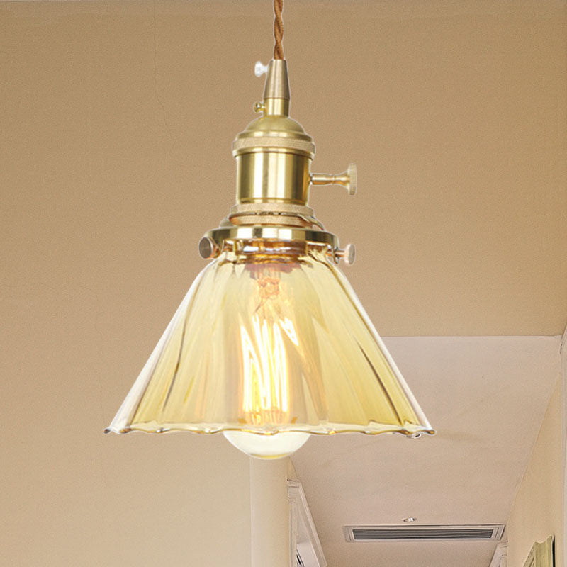 Amber Ruffle Glass Pendant Lamp - Retro Flared Style 1 Light Kitchen Ceiling Hanging /