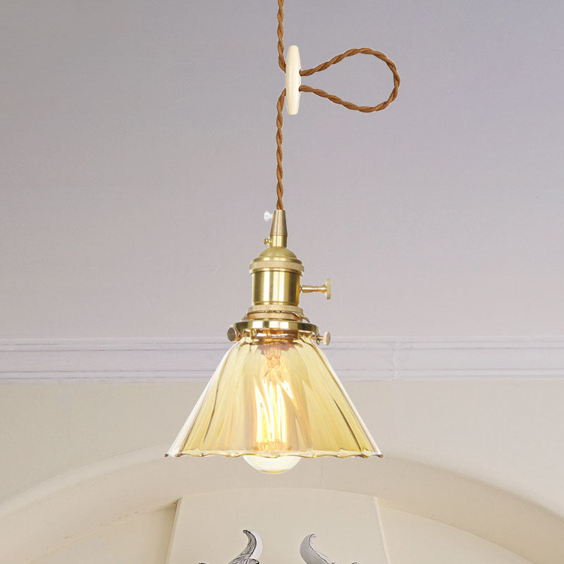 Amber Ruffle Glass Pendant Lamp - Retro Flared Style, 1-Light Ceiling Hanging Light for Kitchen