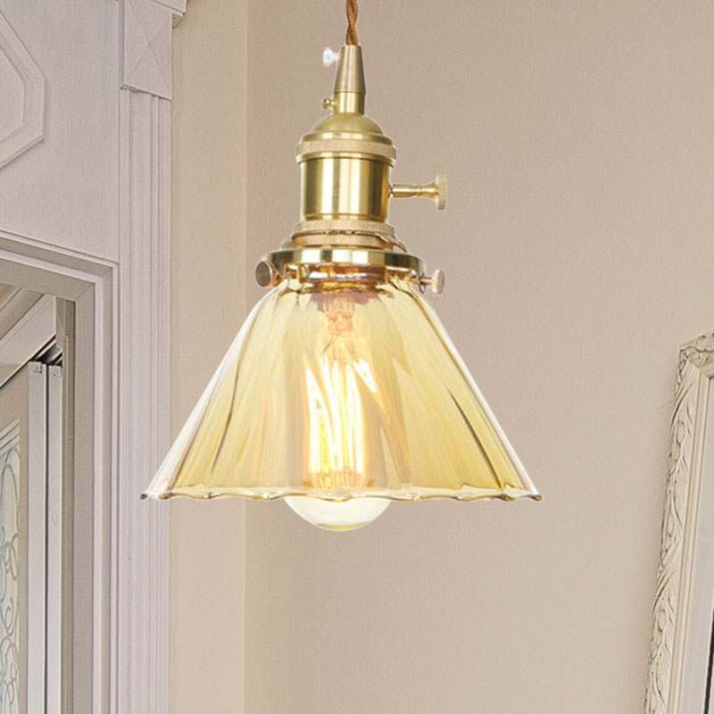 Amber Ruffle Glass Pendant Lamp - Retro Flared Style, 1-Light Ceiling Hanging Light for Kitchen