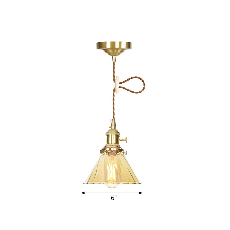 Amber Ruffle Glass Pendant Lamp - Retro Flared Style, 1-Light Ceiling Hanging Light for Kitchen