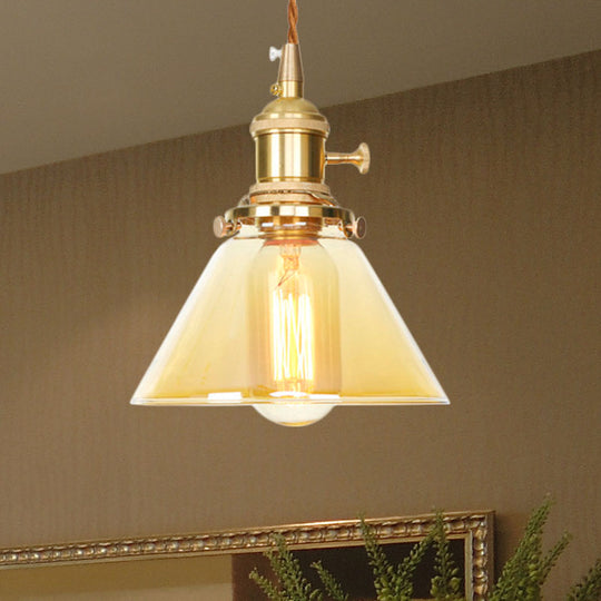 Amber Glass Industrial Pendant Lamp - Adjustable Cord - Hanging Ceiling Light - 1 Light Cone Design