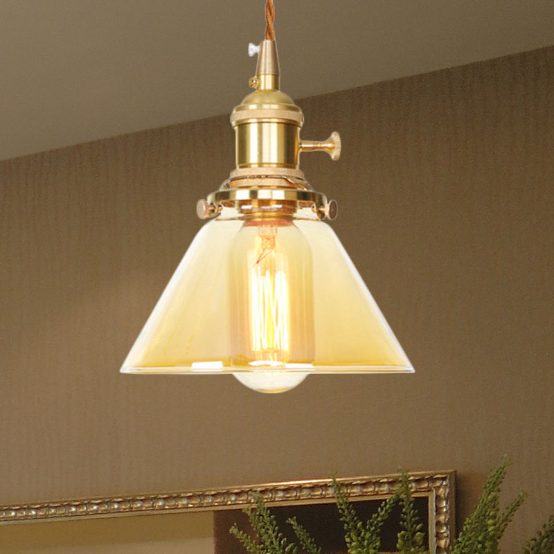 Amber Glass Industrial Pendant Lamp - Adjustable Cord 1-Light Cone Hanging Ceiling Light / 1