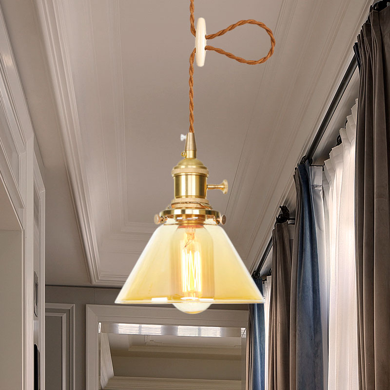 Amber Glass Industrial Pendant Lamp - Adjustable Cord - Hanging Ceiling Light - 1 Light Cone Design