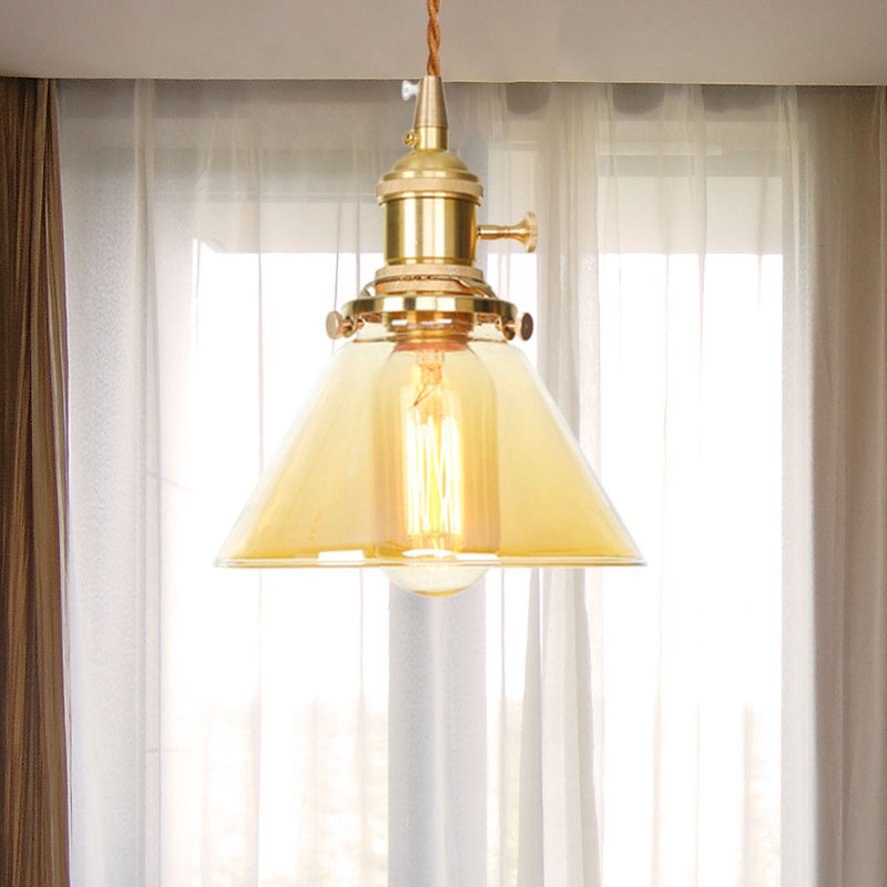 Amber Glass Industrial Pendant Lamp - Adjustable Cord - Hanging Ceiling Light - 1 Light Cone Design