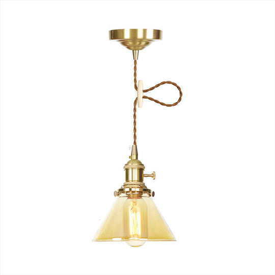 Amber Glass Industrial Pendant Lamp - Adjustable Cord - Hanging Ceiling Light - 1 Light Cone Design