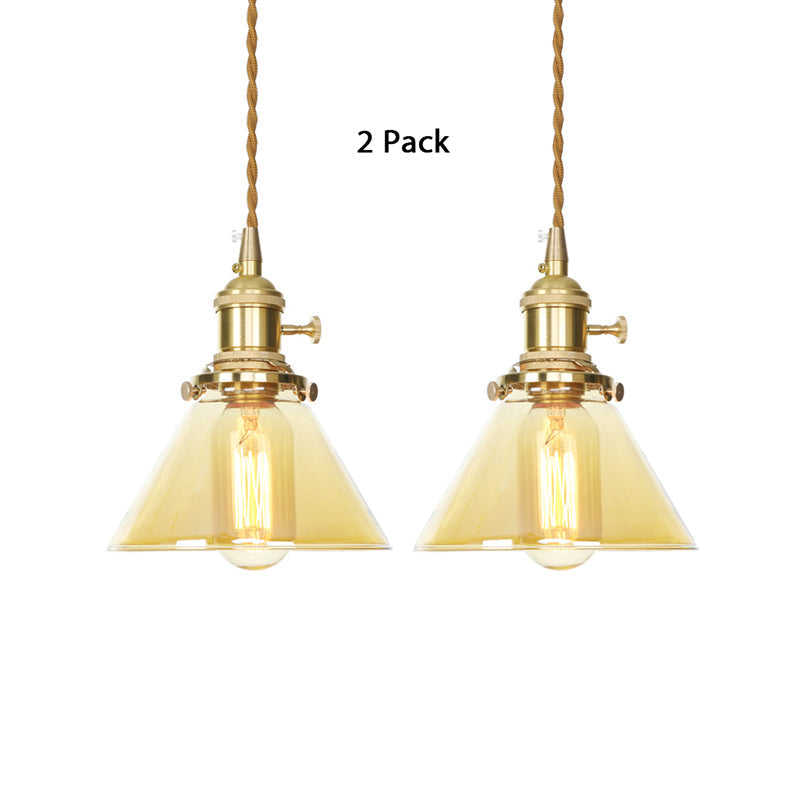 Amber Glass Industrial Pendant Lamp - Adjustable Cord - Hanging Ceiling Light - 1 Light Cone Design