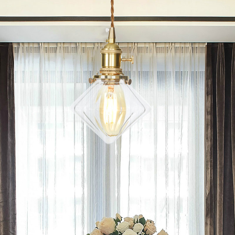 Vintage Brass Pendant Light With Clear Ribbed Glass Gem