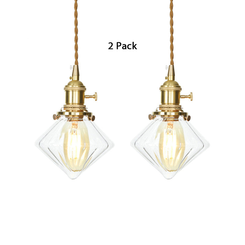 Vintage Brass Pendant Light: Single Light Gem Suspension with Ribbed Glass