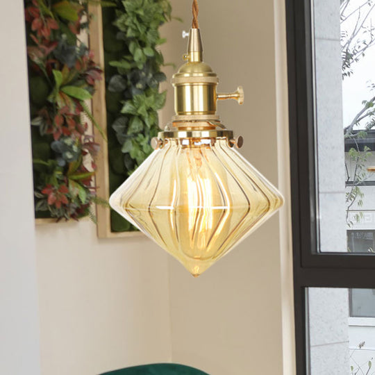 Vintage Ribbed Glass Hanging Light - Amber Gem- Single Ceiling Pendant With Adjustable Height / 1