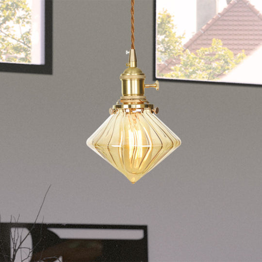 Antique Amber Ribbed Glass Hanging Light - Adjustable Single Ceiling Pendant