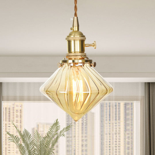 Vintage Ribbed Glass Hanging Light - Amber Gem- Single Ceiling Pendant With Adjustable Height