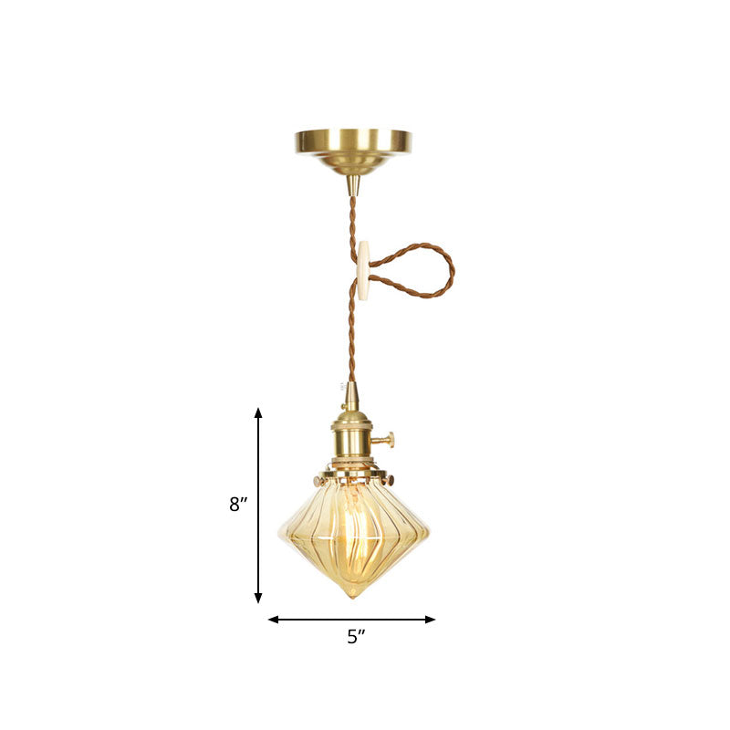 Vintage Ribbed Glass Hanging Light - Amber Gem- Single Ceiling Pendant With Adjustable Height