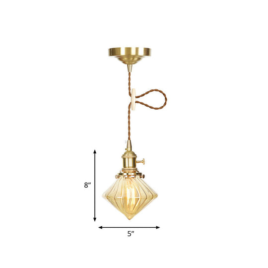 Vintage Ribbed Glass Hanging Light - Amber Gem- Single Ceiling Pendant With Adjustable Height