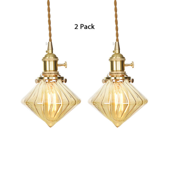 Vintage Ribbed Glass Hanging Light - Amber Gem- Single Ceiling Pendant With Adjustable Height / 2