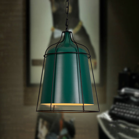 Industrial Single Light Pendant Lamp - Dark Green Bucket With Wire Cage Design