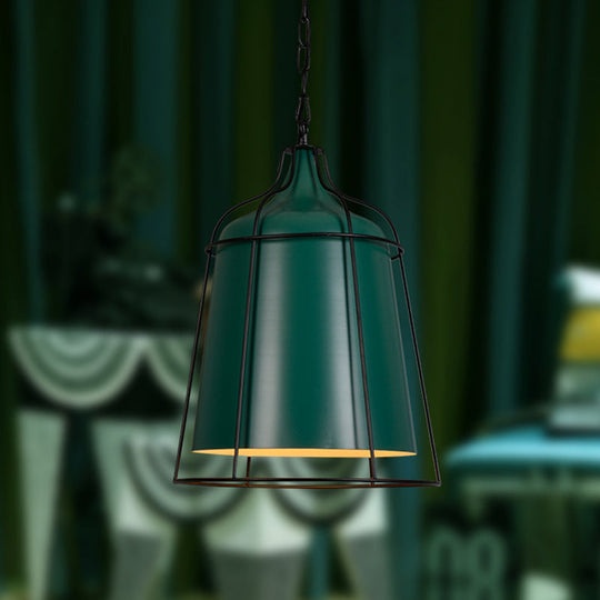 Dark Green Industrial Wire Cage Hanging Lamp - Single Light Metal Pendant Lighting