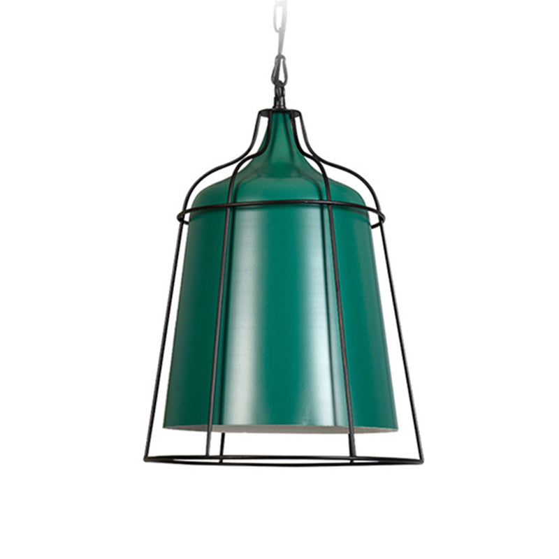 Dark Green Industrial Wire Cage Hanging Lamp - Single Light Metal Pendant Lighting