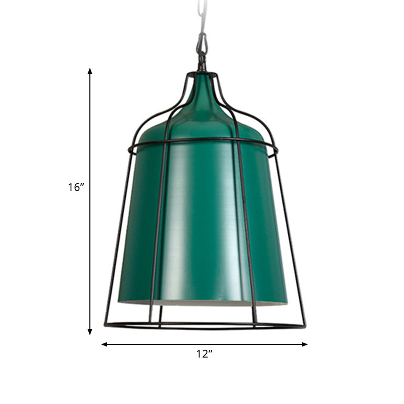 Dark Green Industrial Wire Cage Hanging Lamp - Single Light Metal Pendant Lighting