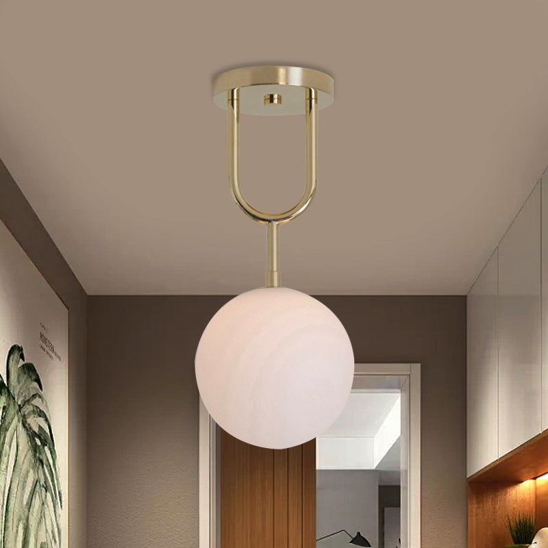 Modern Opal Glass Globe Semi Flush Mount Ceiling Light - Brass Finish 1-Light 6/8 Width / 6