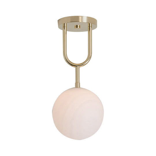 Modern Opal Glass Globe Semi Flush Mount Ceiling Light - Brass Finish 1-Light 6/8 Width