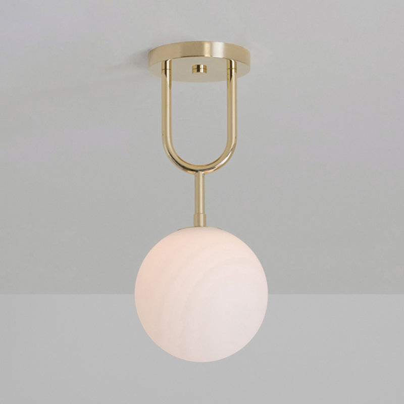 Modern Opal Glass Globe Semi Flush Mount Ceiling Light - Brass Finish 1-Light 6/8 Width