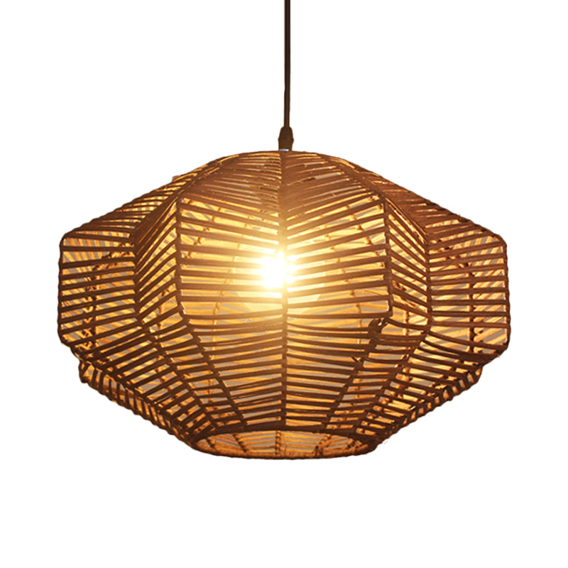 Geometric Shade Asian Rattan Pendant Light For Restaurants - 1 Head Ceiling Lamp