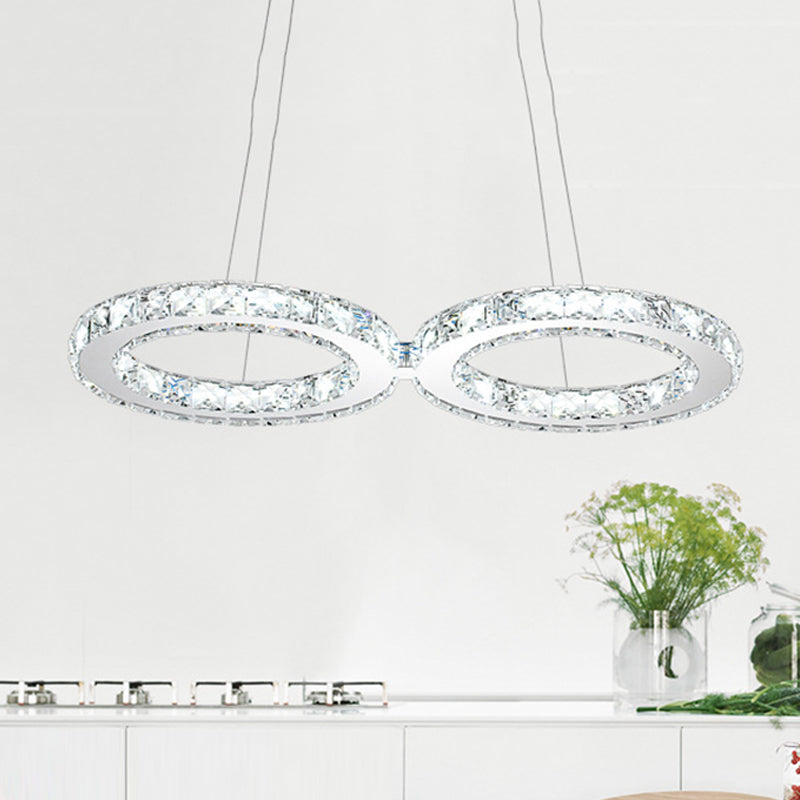 Modern Double Ring Crystal Pendant Light - 2 Heads Silver Led Chandelier Lamp For Dining Room